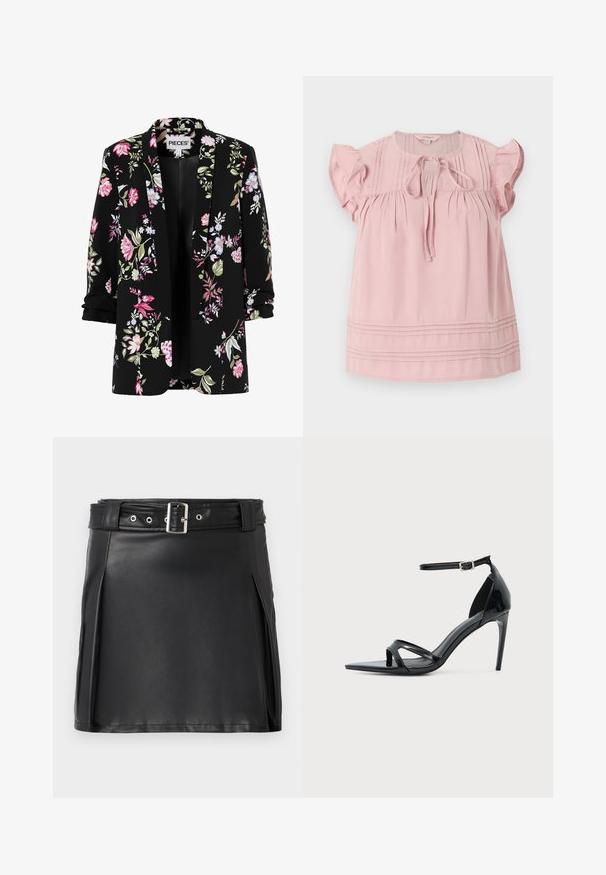 Blazer noir à manches retroussées avec un motif floral rose, blanc et vert, devant ouvert, étiquette de marque "PIECES" à l'intérieur du col.; Blouse courte rose pâle à manches courtes avec manches volantées, nœud à l'avant au col rond, plis verticaux sur la poitrine et plis horizontaux près de l'ourlet.; Jupe mini en faux cuir noir avec un design ajusté, des plis latéraux et une ceinture avec une boucle argentée et des œillets. Texture lisse, taille haute.; Sandale à talon haut en cuir verni noir avec fine bride à la cheville, bout ouvert et design minimaliste sur fond clair uni.