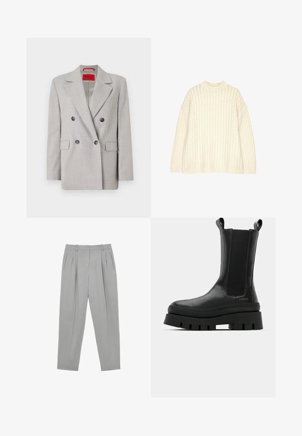 Lys grå dobbeltrækket blazer lavet af et tekstureret stof, med reverskrave, to frontlommer og sorte knapper.; Cremefarvet strikket sweater med en ribbet struktur, høj hals og sænkede skuldre. Designet har en afslappet pasform og brede manchetter.; Lysegrå skræddersyede bukser med forlommer, sidelommer med slidser, bæltestropper og straight-fit ben.; Sorte ankelstøvler med en glat læderfinish, elastiske sidepaneler og en chunky, struktureret platformssål, der har et logo-detail.