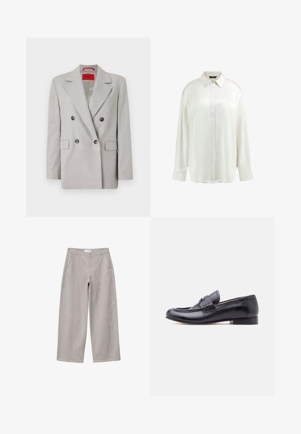 Lys grå dobbeltrækket blazer lavet af et tekstureret stof, med reverskrave, to frontlommer og sorte knapper.; Hvid langærmet bluse med knapper, spids krave, enkelt synlig øverste knapp og løs pasform mod en ensfarvet baggrund.; Lysegrå bukser med vide ben, forlommer, bæltestropper og knaplukning i taljen.; Sort herreloafer i læder med lav hæl og dekorativ rem over vristen, vist i profil mod en ensfarvet baggrund.