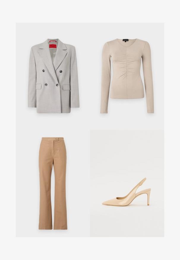 Lys grå dobbeltrækket blazer lavet af et tekstureret stof, med reverskrave, to frontlommer og sorte knapper.; Langærmet bluse med V-hals i let beige stof. Har rynkedetaljer i midten foran. Blød, glat tekstur.; Beige skræddersyede bukser med en flagrende silhuet, lavet af glat stof, med en frontknaplukning og to sidelommer.; Nude patenteret læder slingback hæl med spidse tæer, åben vamp og en tynd stiletto hæl. Har et cirkulært guldfarvet element på remmen.