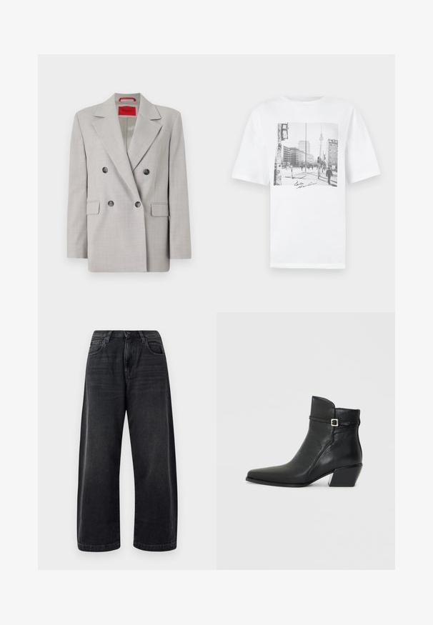 Lys grå dobbeltrækket blazer lavet af et tekstureret stof, med reverskrave, to frontlommer og sorte knapper.; Hvid bomuld T-shirt med et sort-hvidt fotografi af en bylandskab med en signatur "LaLa Berlin" nederst. Korte ærmer, afslappet pasform.; Bredde ben sorte jeans lavet af denim, med et klassisk fem-lomme design, subtil fading og en knaplukning i taljen.; Sorte læder ankelstøvler med spids tå, en lav blokhæl og en dekorativ rem med en sølvspænde accent. Glat tekstur.
