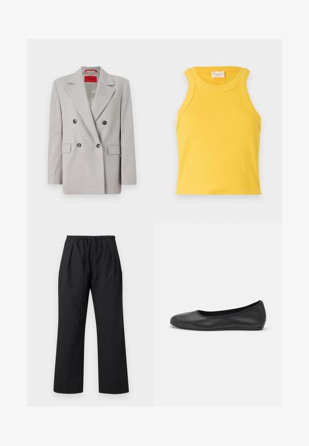 Lys grå dobbeltrækket blazer lavet af et tekstureret stof, med reverskrave, to frontlommer og sorte knapper.; Gul ribbet tanktop med rund halsudskæring og ærmeløs design. Har et lille logo detaljeret nederst. Glat tekstur.; Sorte bukser med vide ben, elastisk talje og justerbar snøre, frontfolder og lige kant.; Sort læderballetsko med rund tå, glat tekstur, minimal syning og et fleksibelt såldesign.