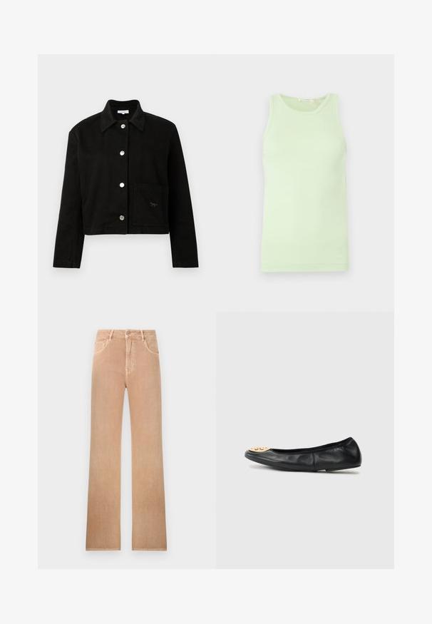 Μαύρο cropped σακάκι με γιακά, μακριά μανίκια, ασημένια κουμπιά snap κατά μήκος του μπροστινού μέρους και τετράγωνη τσέπη στην κάτω δεξιά πλευρά.; Αμάνικη ανοιχτοπράσινη μπλούζα με στρογγυλή λαιμόκοψη, λείο ύφασμα και διακριτική λεπτομέρεια λογότυπου στην κάτω ραφή.; Τζιν ψηλόμεσο με ίσια γραμμή σε ανοιχτό καφέ χρώμα, με κουμπί μπροστά, κλείσιμο με φερμουάρ, θηλιές για ζώνη και σχέδιο με πέντε τσέπες.; Μαύρα δερμάτινα μπαλαρίνα με στρογγυλή μύτη, που διαθέτουν χρυσή λεπτομέρεια στη μύτη, λείο υλικό και ευέλικτη σόλα.