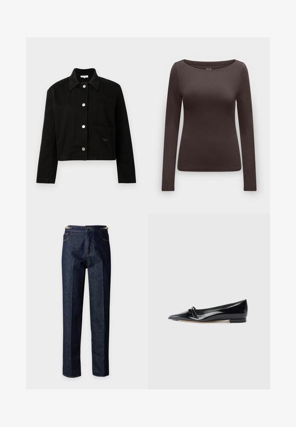 Veste noire cropped avec un col, des manches longues, des boutons-pression en métal argenté sur le devant et une poche carrée sur le bas du côté droit.; Haut ajusté à manches longues brun foncé avec un large col rond et un tissu lisse, présenté sur un fond clair.; Paire de jeans en denim bleu foncé avec un pli frontal sur chaque jambe et des détails en chaîne métallique sur les côtés de la ceinture.; Chaussure plate en cuir verni noir avec un bout pointu, une petite lanière décorative et un petit talon carré. Texture lisse et design épuré.