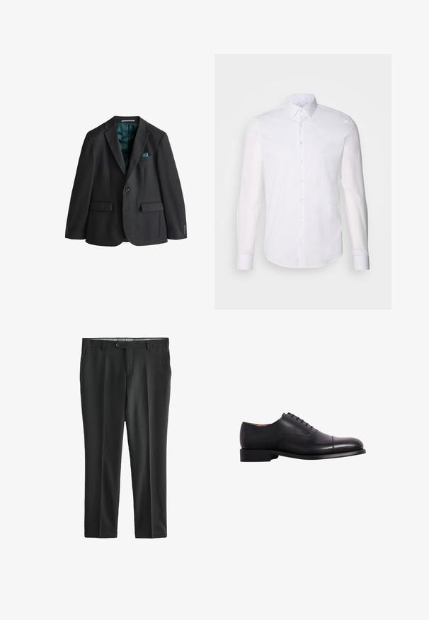Blazer noir en tissu lisse, doté d'un col à revers cranté, de deux poches avant, d'une poche poitrine avec un mouchoir de poche turquoise et d'une doublure turquoise.; Chemise blanche à manches longues en coton, dotée d'un col classique, de boutons à l'avant et de détails de couture minimalistes.; Pantalons noirs ajustés en tissu lisse. Équipés d'une fermeture à bouton, de poches avant et d'une coupe droite. Pas de motifs visibles.; Chaussure habillée en cuir noir avec un bout arrondi, texture lisse et fermeture à lacets à cinq œillets. Présente un talon bas et des détails de couture minimaux.