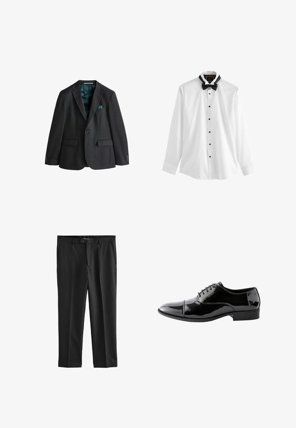 Blazer noir en tissu lisse, doté d'un col à revers cranté, de deux poches avant, d'une poche poitrine avec un mouchoir de poche turquoise et d'une doublure turquoise.; Chemise blanche à manches longues avec des boutons noirs et un nœud papillon noir pré-noué autour du col, présentée sur un fond blanc.; Next REGULAR FIT TRIMMED TEXTURED SELF LAPEL - Pantalon classique - black; Chaussure Oxford en cuir noir brillant avec bout droit, laçage fermé et petit talon, vue de profil sur fond blanc.