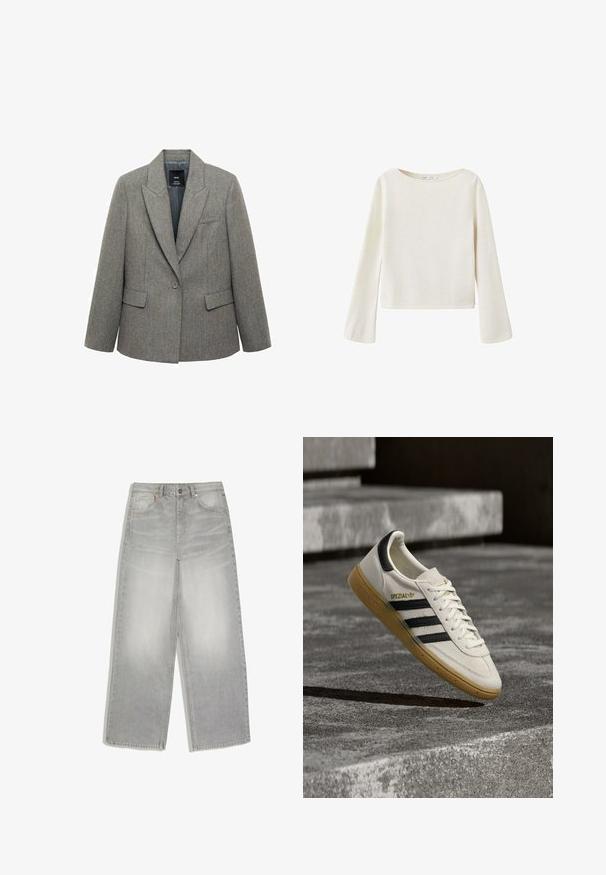 Grijze tweed blazer met een geknipt kraag, enkele knoopsluiting, voorzakken en een gladde voering. Heeft een subtiel gestreept patroon.; Off-white trui met lange mouwen, brede ronde halslijn en licht uitlopende mouwen, gemaakt van zachte gebreide stof.; Lichtgrijze wijde denim jeans met voorzakken en knoopsluiting, plat gelegd op een witte achtergrond.; Witte Adidas Spezial sneaker met zwarte strepen en gumzool, zwevend boven grijze stenen trappen buiten.