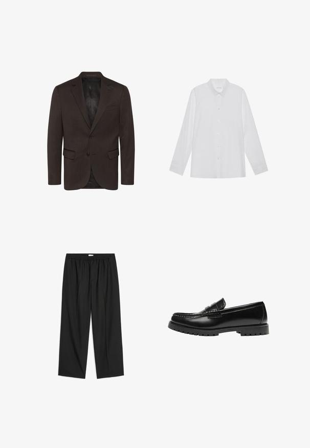 Matinique MAGEORGE - Veste de costume - espresso; Chemise blanche à manches longues en tissu lisse, dotée d'un col pointu, d'une fermeture à boutons sur le devant et de poignets à un bouton.; Pantalon noir à coupe ample avec taille élastique et devant plat, jambes droites et poches latérales, présenté sur fond blanc.; Mocassin en cuir noir avec une semelle en caoutchouc épaisse et un détail classique de bride à monnaie, vu de côté extérieur.