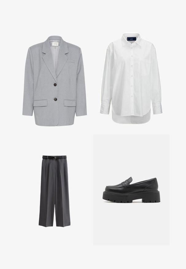 Gestuz PAULIA - Blazer - greyblue melange; Weißes Langarmhemd aus glattem Baumwollstoff mit Button-Down-Kragen, Brusttasche und abgerundetem Saum. Verfügt über eine Schulterpasse für zusätzliche Struktur.; Graue weite Hosen aus strukturiertem Stoff, mit einem schwarzen Gürtel mit quadratischer Schnalle und vorderen Falten. Es sind schlichte Taschen vorhanden.; Schwarze Lederloafers mit einer niedrigen, dicke Gummisohle, gesteppten Details im Obermaterial und einer glatten Textur.