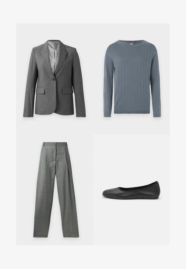 Grijze op maat gemaakte blazer met notch revers, enkele knoopsluiting, twee voorzakken en een gladde, gestreepte voering. Standaard pasvorm met lange mouwen.; Trui met lange mouwen en ronde hals in gedempte blauwe kleur met verticaal geribbelde breipatroon, nauwsluitende manchetten en rechte zoom.; Grijze op maat gemaakte broek met hoge taille, geplooide voorkant en wijde pijpen. Gemaakt van een geweven stof, met riemlussen en gladde naden.; Zwarte leren ballerina met een ronde neus, gladde textuur, minimale stikdetails en een flexibele zoolontwerp.