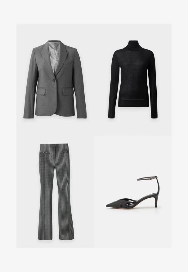 Grå skræddersyet blazer med spidse lapels, enkelt knaplukning, to forlommer og et glat mønstret foer. Standard pasform med lange ærmer.; Sort langærmet turtle neck top lavet af letvægtsstof, med en tætsiddende design og minimale sømdetaljer, velegnet til lagdeling.; Sorte og hvide ternede bukser, design med udvidede ben, der har to baglommer og tekstiler med synlig gittermønster.; Sort læder højhælet sko med spids tå, åbne sider og en tynd ankelrem med en lille guld detalje.