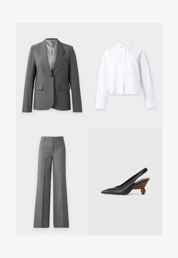 Grå skræddersyet blazer med spidse lapels, enkelt knaplukning, to forlommer og et glat mønstret foer. Standard pasform med lange ærmer.; Hvid langærmet skjorte med knapper, krave og en forlomme, lagt fladt på en ensfarvet lys baggrund.; Grå bukser med vidde i et tekstureret stof. Har frontfolder, en tætsiddende talje og en poleret finish, ideel til formelle anledninger.; Sort slingback-sko med spids tå, træblokhæl med rund form og glat læderoverdel på en lysegrå baggrund.