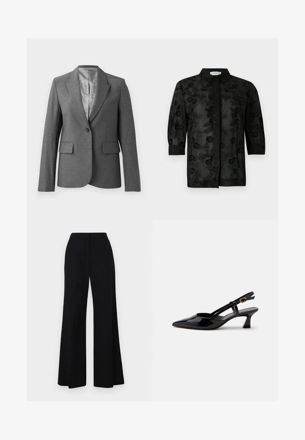 Grijze op maat gemaakte blazer met notch revers, enkele knoopsluiting, twee voorzakken en een gladde, gestreepte voering. Standaard pasvorm met lange mouwen.; Zwarte shirt met bloemen borduursel, lange mouwen en een kraag. Doorzichtig materiaal met een gestructureerde afwerking en verfijnde details.; Zwarte wijde broek met hoge taille, gemaakt van zachte stof en met strakke lijnen. Geen zichtbare hardware of patronen.; Zwarte lakleren slingback kitten heel schoen met spitse neus en verstelbare gouden gespsluiting op een witte achtergrond.