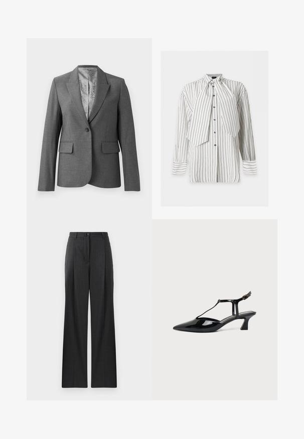 Γκρι tailored σακάκι με αυλακώσεις, κλείσιμο με ένα κουμπί, δύο μπροστινές τσέπες και απαλή επένδυση με σχέδιο. Κανονική εφαρμογή με μακριά μανίκια.; Λευκό πουκάμισο με μακριά μανίκια, λεπτές μαύρες κάθετες ρίγες και μεγάλο ασύμμετρο φιογκάκι σε απλό φόντο.; Γκρίζες παντελόνες με ρίγες σε ίσια γραμμή, που διαθέτουν κούμπωμα και πιέτες μπροστά. Κατασκευασμένες από μαλακό υλικό.; Μαύρο παπούτσι slingback από λουστρίνι με μυτερή μύτη, T-στραπ και χαμηλό κεκλιμένο τακούνι, σε λευκό φόντο.