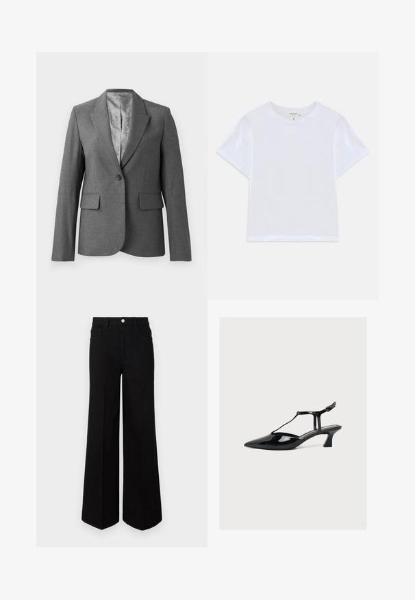 Grijze op maat gemaakte blazer met notch revers, enkele knoopsluiting, twee voorzakken en een gladde, gestreepte voering. Standaard pasvorm met lange mouwen.; Witte cropped t-shirt van zacht katoen, met een ronde hals en korte mouwen in een iets ontspannen pasvorm. Geen patronen of accenten.; Zwarte wijde jeans gemaakt van stevig materiaal, met een hoge taille, voorzakken en een knopen sluiting aan de voorkant. Rechte zoom aan de onderkant.; Zwarte lakleren lage hak schoen met puntige neus, T-bandje en gespsluiting op een lichte neutrale achtergrond.