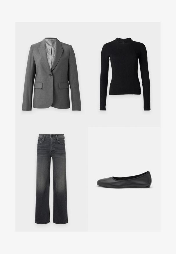 Grijze op maat gemaakte blazer met notch revers, enkele knoopsluiting, twee voorzakken en een gladde, gestreepte voering. Standaard pasvorm met lange mouwen.; Zwarte lange mouwen top met een strakke pasvorm, textuurstof en een hoge halslijn. Voorzien van een verborgen rits aan de achterkant voor sluiting.; Zijden jeans in donkergrijze denim, met een subtiele vervaagde uitstraling. Klassiek vijf-pocket ontwerp met riemlussen en zichtbare stiksels.; Zwarte leren ballerina met een ronde neus, gladde textuur, minimale stikdetails en een flexibele zoolontwerp.