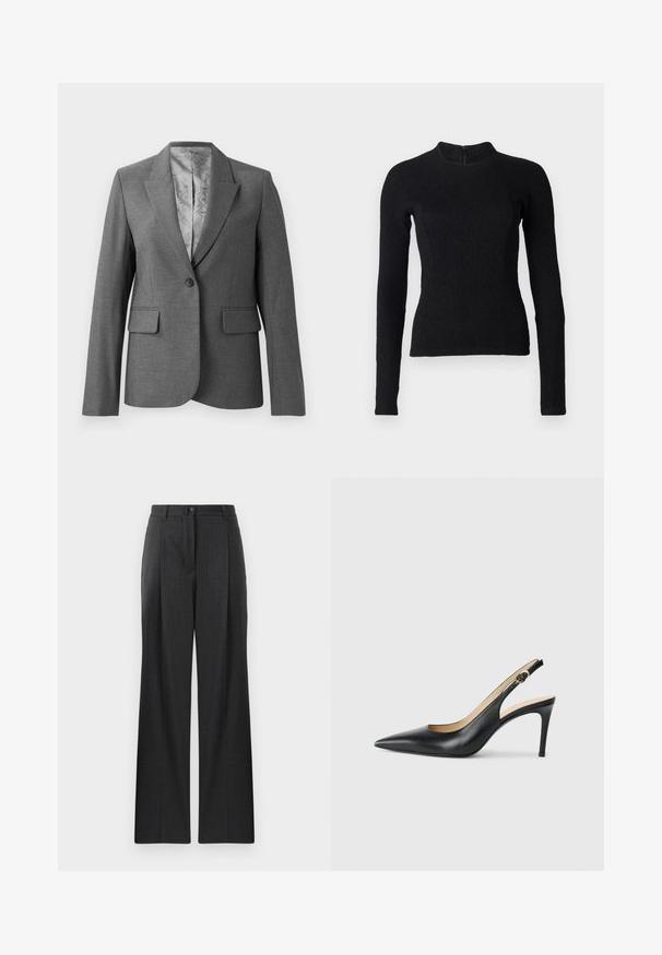 Grå skræddersyet blazer med spidse lapels, enkelt knaplukning, to forlommer og et glat mønstret foer. Standard pasform med lange ærmer.; Sort langærmet top med en tætsiddende pasform, tekstureret stof og høj halsudskæring. Har en skjult lynlås på ryggen til lukning.; Grå stribede bukser med lige ben, der har en knaplukning og folder foran. Fremstillet af et glat materiale.; Sorte læder slingback højhælede sko med spids tå, justerbar rem og en slank stiletto hæl, der har en glat finish.