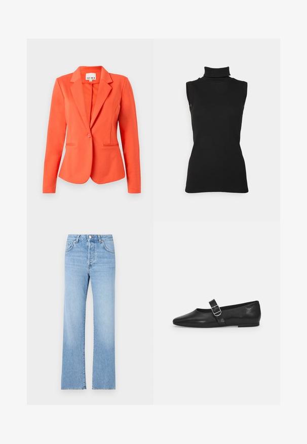 Feloranje blazer met één knoop, reverskraag en twee voorste paspelzakken op een effen achtergrond.; Zwarte mouwloze turtleneck top van ribstof, met een hoge hals en een getailleerde pasvorm. Gladde textuur met minimale details.; Lichtblauwe denim jeans met een rechte pijp, hoge taille, vijf zakken, knoopsluiting en subtiele vervaging door het hele fabric.; Zwarte leren platte schoen met een ronde neus, een enkele verstelbare gespsluiting en een gladde, glanzende textuur. Minimalistisch ontwerp met een lage hak.