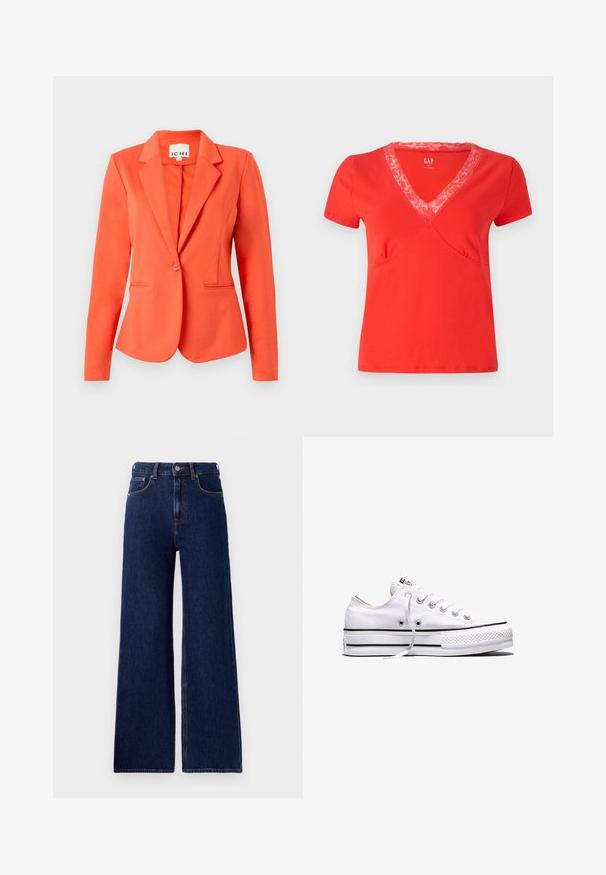 Enkeltknappet tætsiddende lyse orange blazer med reverskrave og to forlommer på ensfarvet baggrund.; Rød T-shirt med korte ærmer og V-hals med blondekanter. Blødt stof, tætsiddende pasform og dekorativ syning langs sømmene.; Red Bull Racing x Pepe Jeans Wide leg - blue denim; Hvid lavtop lærredssneakers med hvide snørebånd, sorte striber på sålen og gummieret tekstureret tåhætte, sidevendt på hvid baggrund.