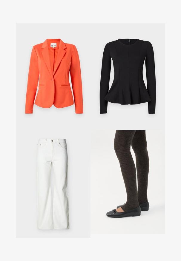 Feloranje blazer met één knoop, reverskraag en twee voorste paspelzakken op een effen achtergrond.; Zwart langemouwen top met een ronde halslijn, voorzien van een peplum zoom en naaddetails voor een gestructureerde pasvorm. Gemaakt van een gladde stof.; Witte jeans met rechte pijpen en hoge taille, voorzien van een knoopsluiting aan de voorkant, rits, en zij- en achterzakken, tegen een effen lichte achtergrond.; Benen met donkere geribbelde leggings gecombineerd met zwarte ballerina's met kleine strikdetails op een witte achtergrond.
