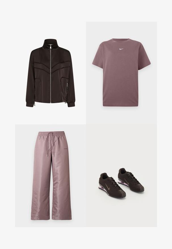 Veste noire zippée avec col montant, poignets élastiques, poche zippée devant et détail de couture angulaire sur la poitrine.; T-shirt à col rond mauve uni à manches courtes avec un petit logo Nike blanc centré sur la poitrine, présenté sur un fond blanc.; Pantalon ample rose clair en nylon lisse. Doté d'une taille élastique avec cordon de serrage et portant un logo sur le côté.; Baskets de sport noires avec une tige texturée, des accents marron et une semelle à coussin d'air violette. Design à lacets avec une marque bien visible.