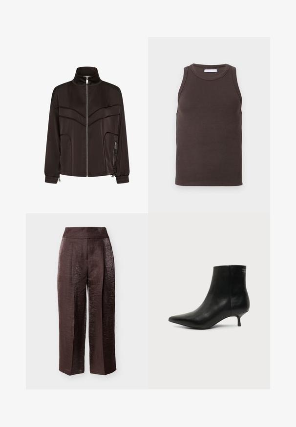 Veste noire zippée avec col montant, poignets élastiques, poche zippée devant et détail de couture angulaire sur la poitrine.; Débardeur marron côtelé avec encolure ronde et sans manches. Tissu extensible avec une texture lisse. Style simple et minimaliste.; Pantalon marron en satin, taille haute, jambe droite avec une légère brillance et des plis marqués à l'avant, présenté sur un fond clair.; Bottine en cuir noir avec bout pointu et petit talon kitten sur fond clair, vue côté extérieur.