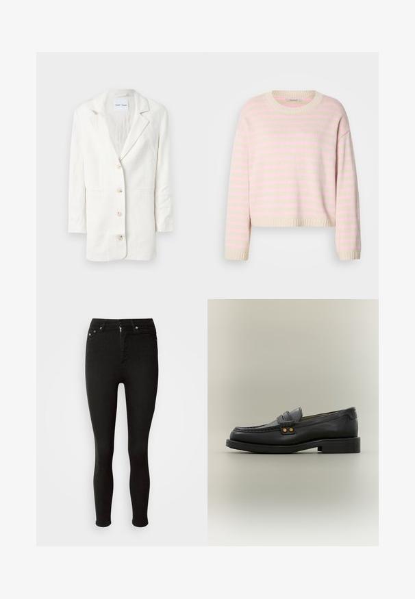 Blazer blanc en tissu léger, présentant un design à boutonnage simple, des revers crantés et trois boutons à l'avant avec des boutonnières assorties.; Pull couleur crème à rayures horizontales rose pâle, avec un col rond, des poignets côtelés et un ourlet court.; Jeans skinny noirs en denim, avec une fermeture à bouton et à glissière, cinq poches et une finition lisse et texturée.; Mocassin pour homme en cuir noir avec couture moc toe, bride décorative avec deux clous dorés et petit talon empilé sur fond neutre.
