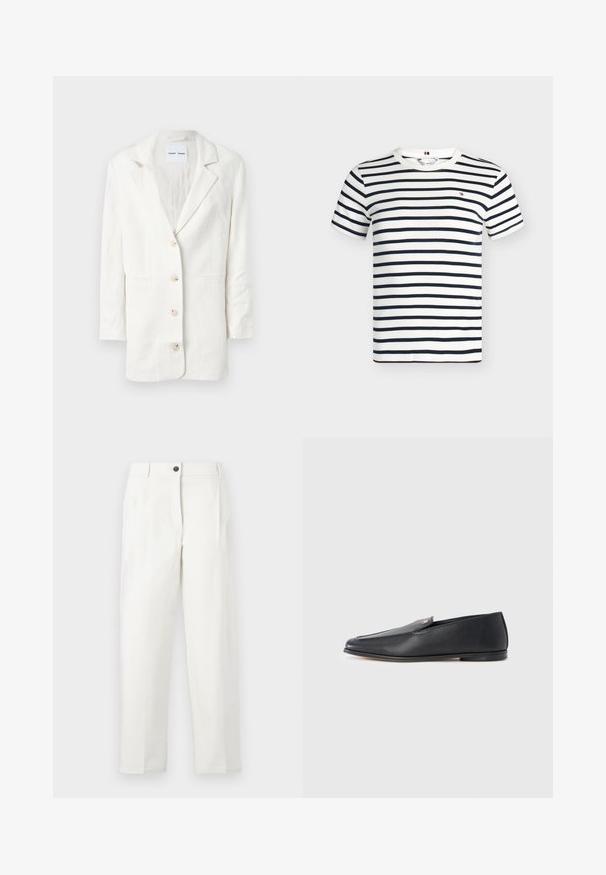 Blazer blanc en tissu léger, présentant un design à boutonnage simple, des revers crantés et trois boutons à l'avant avec des boutonnières assorties.; T-shirt blanc à manches courtes et col rond avec des rayures horizontales bleu marine et un petit logo rouge, blanc et bleu marine sur la poitrine.; Pantalon blanc taille haute à coupe ajustée, avec plis, fermeture avant par boutons, et jambes droites. Confectionné en tissu lisse.; Mocassins en cuir noir à texture lisse, bout arrondi et détails de couture subtils. Ils présentent un accent logo doré sur le côté supérieur.