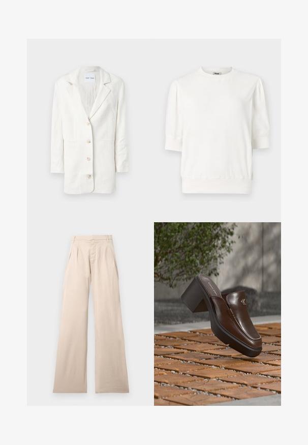 Blazer blanc en tissu léger, présentant un design à boutonnage simple, des revers crantés et trois boutons à l'avant avec des boutonnières assorties.; Haut en pullover blanc à manches courtes avec un col rond, des manches froncées et une taille ajustée. Fabriqué en tissu doux.; Pantalons larges beige en coton, avec des plis à l'avant et une texture lisse. Le design inclut une taille standard et aucun motif visible.; Mule à talon en cuir marron Calvin Klein flottant au-dessus d'un sol en carrelage en bois avec en arrière-plan une plante verte et un mur flous.