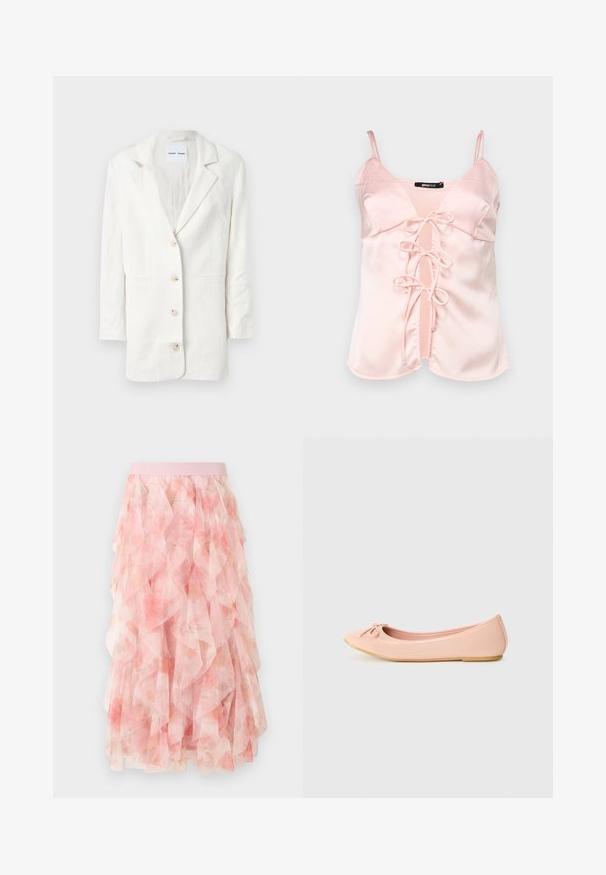 Blazer blanc en tissu léger, présentant un design à boutonnage simple, des revers crantés et trois boutons à l'avant avec des boutonnières assorties.; Camisole en satin rose avec des bretelles spaghetti réglables, dotée d'une fermeture à nouer à l'avant avec des anses et d'un décolleté en V. Texture lisse et lignes épurées.; Jupe midi en tulle rose à couches avec motif floral et taille élastique, présentant des textures douces et volantées.; Ballerine en matériau synthétique rose clair avec un bout arrondi, ornée d'un petit nœud et d'une semelle flexible.