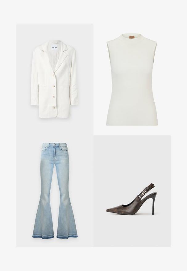Blazer blanc en tissu léger, présentant un design à boutonnage simple, des revers crantés et trois boutons à l'avant avec des boutonnières assorties.; Haut blanc sans manches avec un col montant, présentant une texture côtelée et un design ajusté. Étiquette de marque "BOSS" visible sur le col.; Jean en denim bleu clair taille haute avec jambes évasées, fermeture avant par boutons et zip, poches devant et derrière.; Chaussure à talon haut slingback en cuir marron, à bout pointu, avec une sangle réglable et un talon aiguille noir sur fond uni.