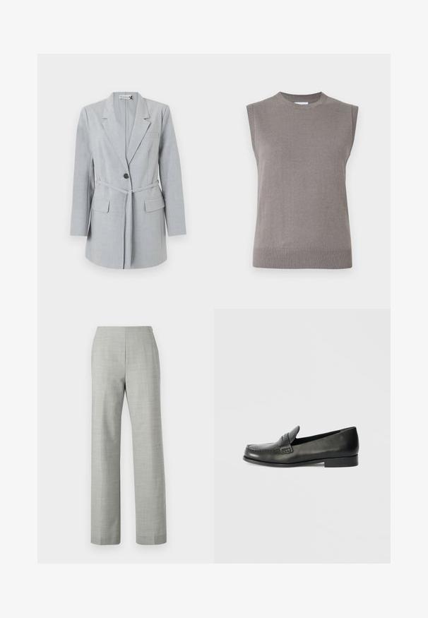 Blazer gris claro hecho de tela texturizada, que presenta un botón único, cuello de solapa y dos bolsillos frontales. Incluye un cinturón a juego.; Suéter de punto gris sin mangas con cuello y dobladillo acanalados. Textura suave, corte recto y diseño minimalista sin adornos.; Pantalones de corte gris con un diseño de pierna recta, fabricados con una tela texturizada. Presentan una cinturilla lisa y un acabado limpio y minimalista.; Mocasines de cuero negro con puntera redondeada, detalles de costuras elevadas y un tacón bajo apilado. Textura suave con un brillo sutil.