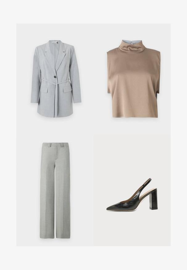 Blazer gris claro hecho de tela texturizada, que presenta un botón único, cuello de solapa y dos bolsillos frontales. Incluye un cinturón a juego.; Top recortado en suave tejido topo con cuello alto y mangas cortas, que presenta un cierre con botones en la parte posterior y un dobladillo limpio.; Pantalones gris de pierna ancha en una tela ligera, con un frente plano, presillas para cinturón y líneas limpias y ajustadas sin patrones visibles.; Zapato slingback de piel negra con puntera puntiaguda, tacón alto y ancho, y forro interior beige sobre un fondo claro y liso.