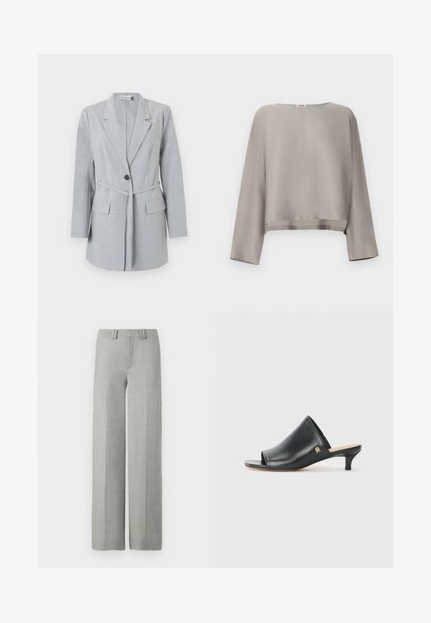 Blazer gris claro hecho de tela texturizada, que presenta un botón único, cuello de solapa y dos bolsillos frontales. Incluye un cinturón a juego.; Top de manga larga recortado de color gris claro, confeccionado en tela suave. Presenta un escote redondo y detalles sutiles en el dobladillo.; Pantalones gris de pierna ancha en una tela ligera, con un frente plano, presillas para cinturón y líneas limpias y ajustadas sin patrones visibles.; Mules de cuero negro de punta abierta con un tacón bajo. Presentan una superficie lisa y un acento del logo dorado en el costado.
