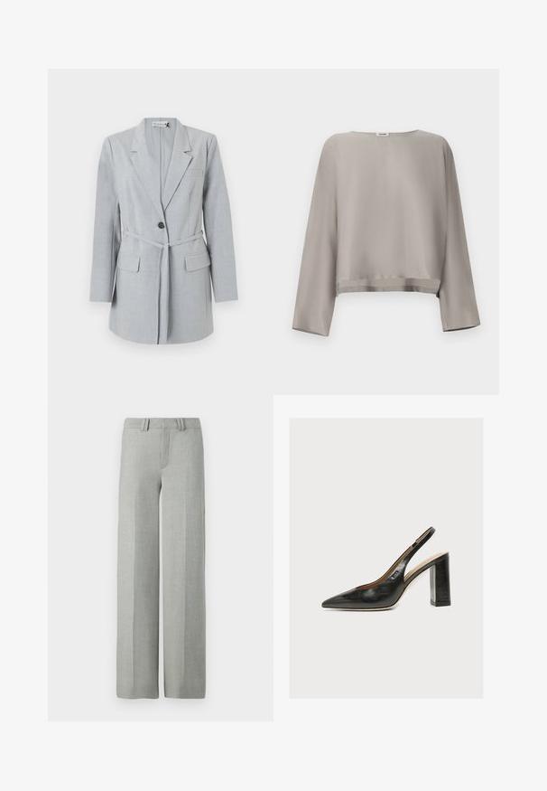 Lichtgrijze blazer van gestructureerde stof, met een enkele knoop, reverskraag en twee voorzakken. Inclusief een bijpassende riem.; Lichtgrijs, cropped top met lange mouwen gemaakt van gladde stof. Voorzien van een ronde halslijn en subtiele zoomdetails.; Grijze broek met wijde pijpen van een lichtgewicht stof, met een platte voorkant, riemlussen en schone, getailleerde lijnen zonder zichtbare patronen.; Zwarte leren dames slingbackpumps met spitse neus en dikke hoge blokhak op witte achtergrond.