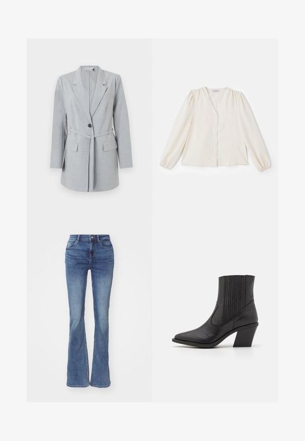 Blazer gris claro hecho de tela texturizada, que presenta un botón único, cuello de solapa y dos bolsillos frontales. Incluye un cinturón a juego.; Blusa de marfil con mangas largas abullonadas, escote en V y cierre de botones en la parte frontal. Tejido suave, con un corte relajado y costuras de hombro fruncidas.; Jeans de mezclilla acampanados en lavado azul claro a medio, con diseño de cinco bolsillos, trabillas para cinturón y un cierre de cremallera con botón metálico.; Botín negro de tobillo hecho de cuero texturizado, con punta afilada y un tacón grueso y angulado. Paneles laterales elásticos para facilitar su uso.