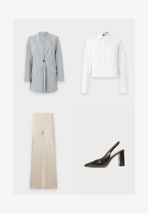 Lichtgrijze blazer van gestructureerde stof, met een enkele knoop, reverskraag en twee voorzakken. Inclusief een bijpassende riem.; Witte cropped button-up shirt met lichtblauwe verticale strepen, lange mouwen, één borstzak en klassieke kraag. Katoenmix stof.; Beige wijde broek van zacht materiaal met een gladde textuur. Voorzien van een hoge elastische tailleband voor comfort en een schoon, minimalistisch ontwerp.; Zwarte leren slingback schoen met spits toelopend neusje, hoge blokhak en beige binnenvoering tegen een effen lichte achtergrond.