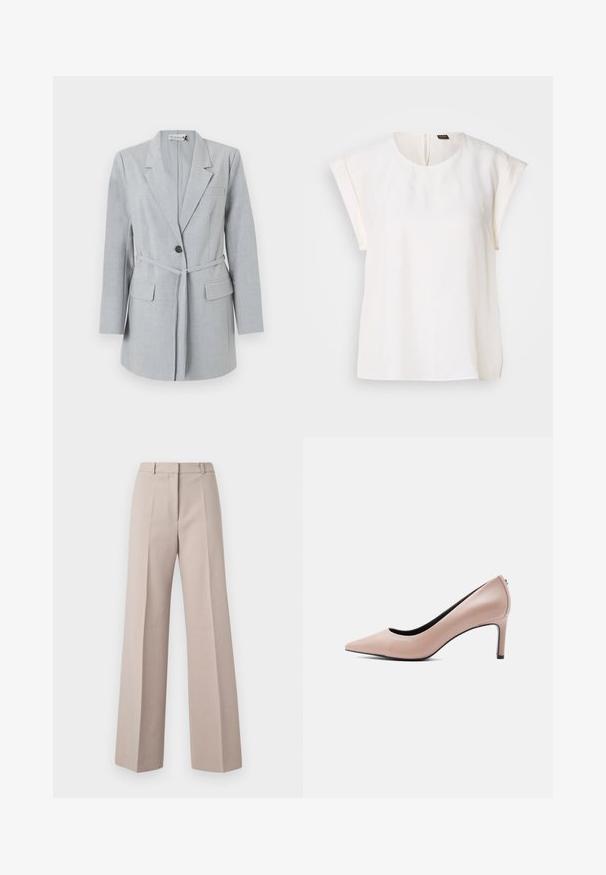 Blazer gris claro hecho de tela texturizada, que presenta un botón único, cuello de solapa y dos bolsillos frontales. Incluye un cinturón a juego.; Blusa blanca de manga corta con cuello redondo y corte holgado, con una pequeña etiqueta negra y naranja en la parte trasera del cuello.; Pantalones de pierna ancha beige, fabricados con un tejido suave, que cuentan con una cintura alta, pliegues frontales y una silueta ajustada.; Zapato de tacón alto beige con punta estrecha y tacón de aguja delgado sobre un fondo blanco liso.