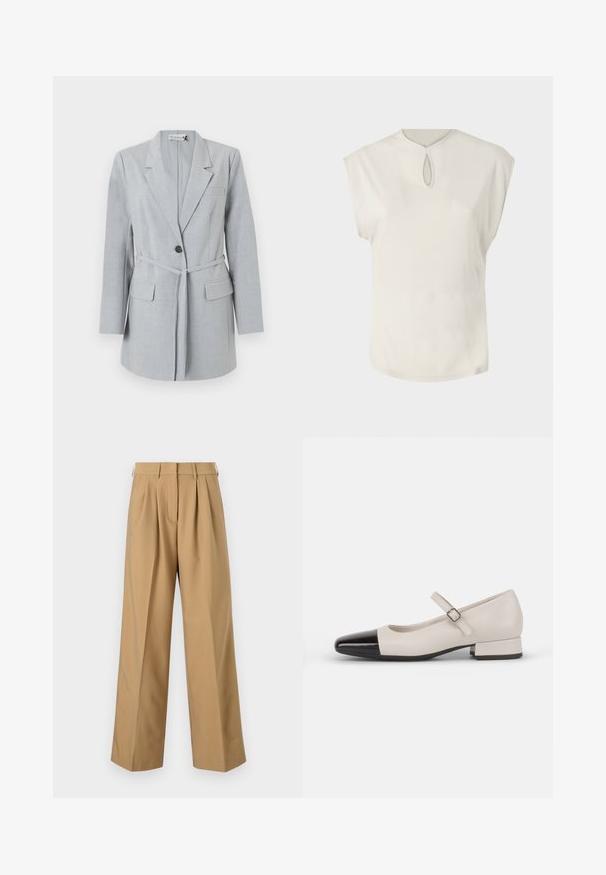 Blazer gris claro hecho de tela texturizada, que presenta un botón único, cuello de solapa y dos bolsillos frontales. Incluye un cinturón a juego.; Top blanco de manga corta con un escote redondo y un pequeño detalle en forma de ojal en la parte delantera. Textura suave, corte relajado y dobladillo ligeramente curvado.; Pantalones de algodón beige con una cintura alta, frente plisado, piernas anchas y una textura suave. Presenta una cinturilla estándar y pasadores para cinturón.; Zapato estilo Mary Jane en cuero crema con puntera de charol negro. Presenta una punta redonda, tirante en el tobillo con una hebilla cuadrada y un tacón bajo y cuadrado.