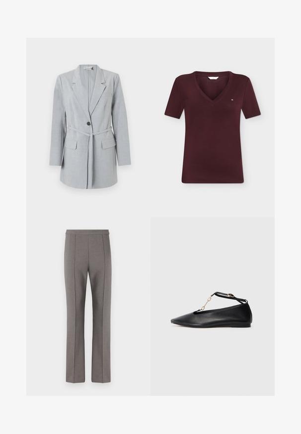 Lichtgrijze blazer van gestructureerde stof, met een enkele knoop, reverskraag en twee voorzakken. Inclusief een bijpassende riem.; Kortemouw, donker bordeauxrode V-hals shirt met klein geborduurd logo op de linkerborst, weergegeven op een eenvoudige lichte achtergrond.; Grijze op maat gemaakte broek met een slanke pasvorm, voorzien van een gladde textuur en frontplooien, ontworpen voor een formele uitstraling. Geen zichtbare zakken of hardware.; Zwarte leren ballerina's met een pointed toe, uitgesneden ontwerp, enkelbandje en gouden kettingaccent. Glad oppervlak, minimale hak.