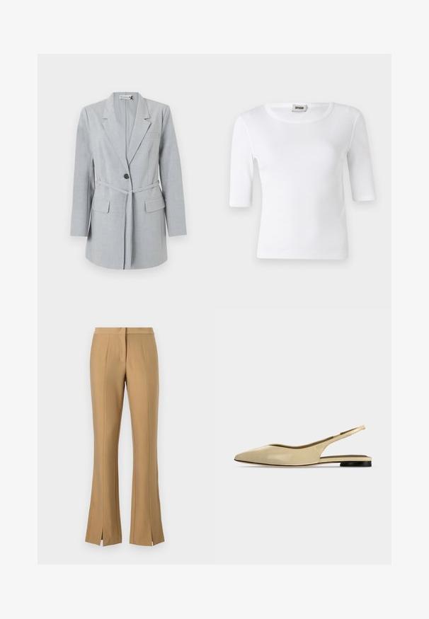 Lichtgrijze blazer van gestructureerde stof, met een enkele knoop, reverskraag en twee voorzakken. Inclusief een bijpassende riem.; Witte geribde T-shirt met een ronde halslijn en ellebooglange mouwen. Gemaakt van zacht materiaal met een gladde textuur. Label zichtbaar bij de halslijn.; Beige uitlopende broeken met een voorinsnijding, gemaakt van zachte stof. Beschikt over een platte tailleband en scherpe plooidetails die langs de benen lopen.; Beige platte slingback schoen met puntige neus, lage zwarte hak en een glad leren afwerking, zijaanzicht op een effen achtergrond.