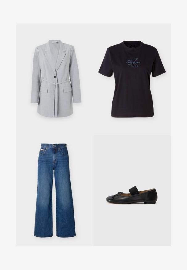 Blazer gris claro hecho de tela texturizada, que presenta un botón único, cuello de solapa y dos bolsillos frontales. Incluye un cinturón a juego.; Camiseta negra de algodón con mangas cortas y cuello redondo. En el frente muestra un logo azul de Calvin Klein con texto distintivo.; Jeans anchos de mezclilla azul con cintura alta, botón frontal, cremallera y diseño de cinco bolsillos sobre un fondo liso.; Bailarinas de cuero negro con punta redondeada, un pequeño detalle de nudo y una correa elástica en el empeine para un ajuste seguro. Suela plana.