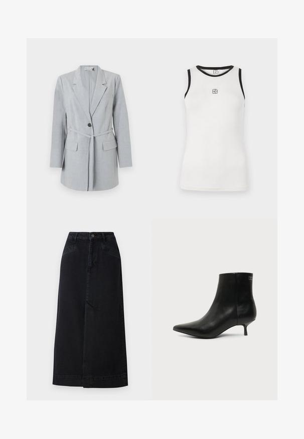 Blazer gris claro hecho de tela texturizada, que presenta un botón único, cuello de solapa y dos bolsillos frontales. Incluye un cinturón a juego.; Camiseta sin mangas blanca con ribete negro alrededor del escote y las aberturas de las mangas. Presenta un pequeño logo negro en la parte delantera. Material de algodón suave.; Falda midi de mezclilla negra con forma recta, cierre de botones en la parte delantera y bolsillos laterales con sutiles detalles de costura.; Botín de piel negra con puntera puntiaguda y tacón bajo estilo kitten sobre fondo claro, mostrando vista lateral exterior.