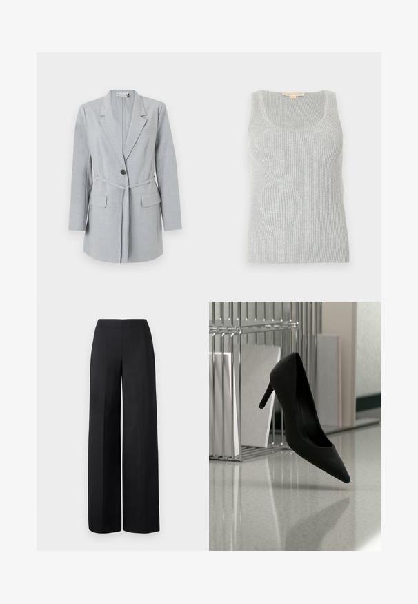 Blazer gris claro hecho de tela texturizada, que presenta un botón único, cuello de solapa y dos bolsillos frontales. Incluye un cinturón a juego.; Camiseta sin mangas gris con cuello redondo, hecha de un tejido de punto texturizado. Presenta una silueta ajustada y detalles de costura mínimos.; Pantalones de pierna ancha negros, hechos de una tela suave. Presentan una cinturilla alta y líneas rectas y limpias sin bolsillos visibles ni adornos.; Zapato negro de tacón alto equilibrado sobre el tacón en una encimera reflectante junto a portadocumentos metálicos con carpetas blancas.