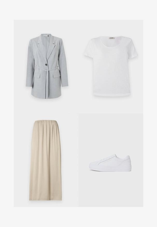 Hellgrauer Blazer aus strukturiertem Stoff, mit einem einzelnen Knopf, Reverskragen und zwei Vordertaschen. Enthält einen passenden Gürtel.; Weißes Kurzarm-T-Shirt aus weichem Material, mit Rundhalsausschnitt und geradem Saum, ohne sichtbare Muster oder Akzente.; Beiger, knielanger Rock aus weichem Stoff mit elastischem Bund. Verfügt über eine glatte Textur und ein einfaches, fließendes Design.; Tommy Hilfiger TH PLATFORM - Sneaker low - white