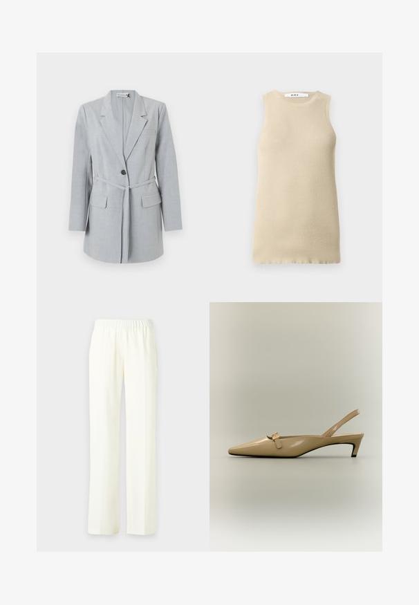 Lichtgrijze blazer van gestructureerde stof, met een enkele knoop, reverskraag en twee voorzakken. Inclusief een bijpassende riem.; Beige geribbelde mouwloze top met een ronde halslijn, met een snug fit en een gladde textuur, ideaal voor lagen of warm weer.; Lichtcrème, wijde broek met een elastische tailleband voor comfort. Gladde stof met een vloeiende snit; geen zichtbaar patroon of accenten.; Beige lakleren slingback kitten heel met spits toelopende neus en klein gespsluiting op neutrale achtergrond.