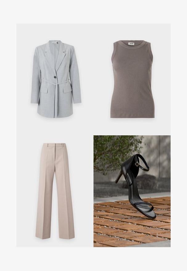 Blazer gris claro hecho de tela texturizada, que presenta un botón único, cuello de solapa y dos bolsillos frontales. Incluye un cinturón a juego.; Top de tirantes gris con cuello redondo y diseño sin mangas, confeccionado en una suave tela texturizada. Silueta simple y ajustada.; Pantalones de pierna ancha beige, fabricados con un tejido suave, que cuentan con una cintura alta, pliegues frontales y una silueta ajustada.; Sandalia negra de tacón alto con correa en el tobillo, parece suspendida sobre un suelo de baldosas de madera al aire libre, con un fondo difuminado de vegetación y piedra.