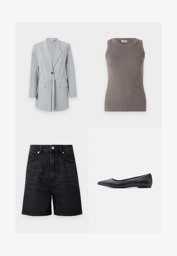 Lichtgrijze blazer van gestructureerde stof, met een enkele knoop, reverskraag en twee voorzakken. Inclusief een bijpassende riem.; Grijze geribbelde tanktop met een ronde halslijn en mouwloos ontwerp, gemaakt van een zachte, gestructureerde stof. Eenvoudige, getailleerde silhoutte.; Zwarte denim short met een hoge taille, voorzakken en een zilveren knoopsluting. Gladde textuur met subtiele vervagingsdetails.; Zwarte platte leren schoen met puntige neus en lage hak, zijaanzicht tegen een witte achtergrond.