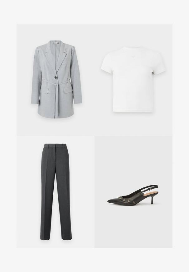 Blazer gris claro hecho de tela texturizada, que presenta un botón único, cuello de solapa y dos bolsillos frontales. Incluye un cinturón a juego.; Camiseta blanca de manga corta, con cuello redondo, hecha de algodón suave. Presenta un sutil detalle del logotipo en el centro del pecho. Textura suave.; Pantalones de traje ajustados en gris oscuro con corte recto, presillas para cinturón y cierre frontal oculto.; Zapato de tacón con talón descubierto en piel negra, punta puntiaguda, tacón pequeño y detalles metálicos decorativos a lo largo de la abertura frontal. Textura lisa.