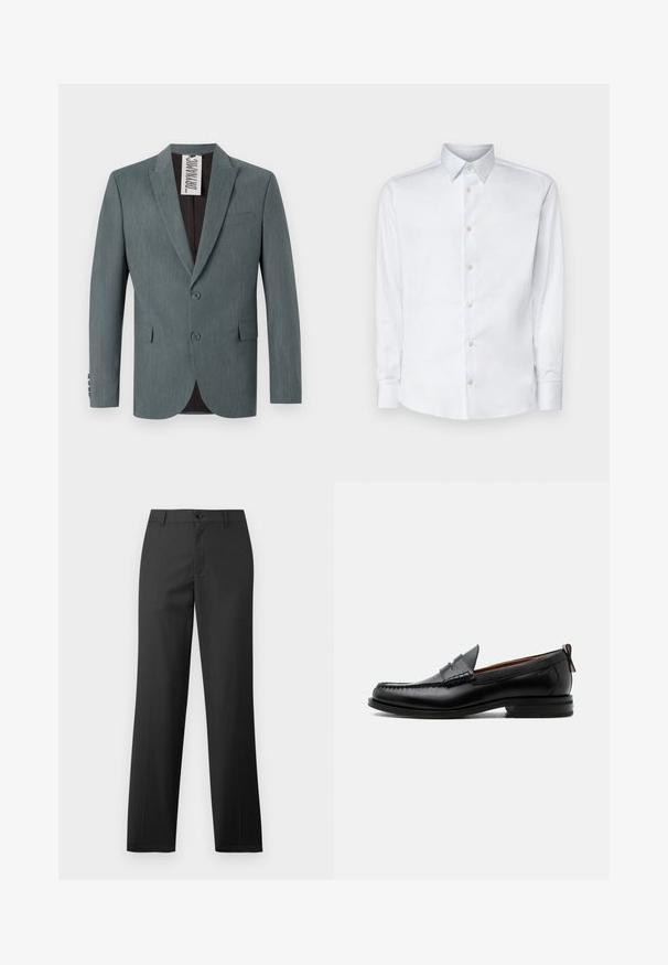 Grå, tekstureret blazer med klapkrave, to-knap lukning og forlommer. Indvendigt er den mørkebrun med et synligt plejelabel.; Hvid langærmet skjorte lavet af glat stof, med en klassisk krave, knaplukning og manchetter med knapper, vist på en ensfarvet baggrund.; Samsøe Samsøe SAJOHNNY TROUSERS - Bukser - turkish coffee; Sort læder herre loafer med moc-tå syning, penny strop, struktureret krave og lav stablet hæl på hvid baggrund.